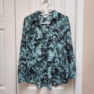 [M] Northern Reflections‎ Blouse Turquoise Leaves Buttoned Blouse Womens Med…